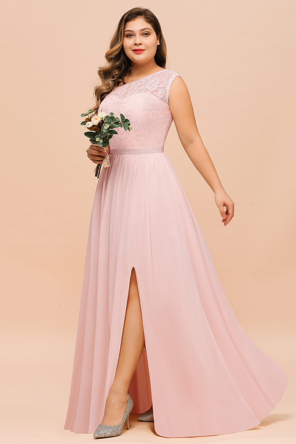 Plus Size One Shoulder Lace Chiffon Bridesmaid Dress Pink Long Wedding Guest Dress-newarrivaldress