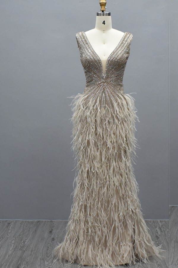 Luxury Deep V-neck Beadings Long Prom Dress with Tassels Fur Cap Sleeves Mermaid Evening Dress-newarrivaldress