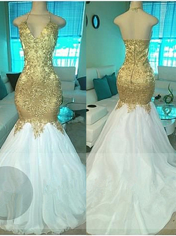 Sexy Open Back Gold Evening Gowns | Beads Apliques Mermaid Long Prom Dresses-newarrivaldress