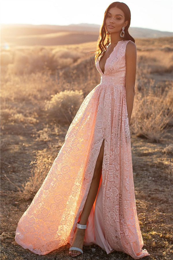 Pink Straps V-Neck Lace Side-Slit A-Line Evening Dresses-newarrivaldress