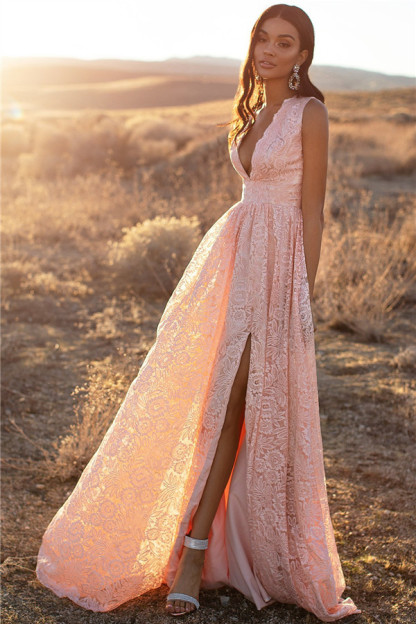 Pink Straps V-Neck Lace Side-Slit A-Line Evening Dresses-newarrivaldress