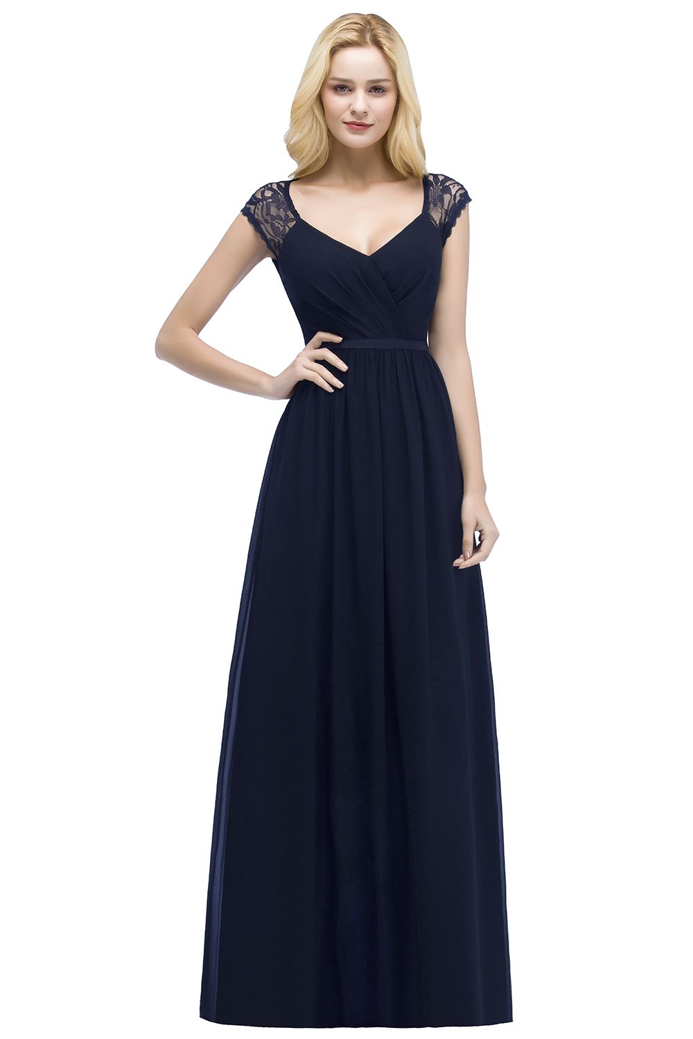 ROSALIA | A-line V-neck Floor Length Lace Chiffon Bridesmaid Dresses with Sash-newarrivaldress