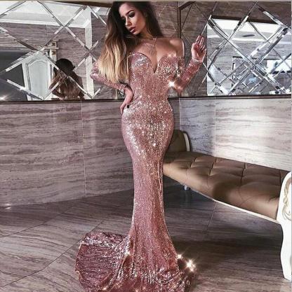 Mermaid Pink Shiny Sequined Strapless Off-the-Shoulder Long Sleeves Prom Dress-newarrivaldress