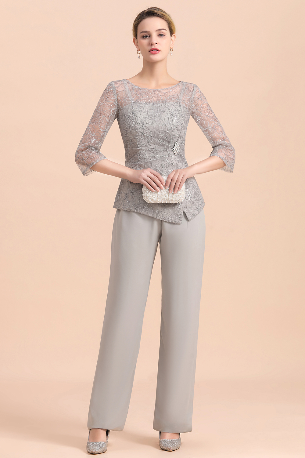 3/4 Sleeves Lace Chiffon Silver Mother of Bride Jumpsuit for Wedding Party-newarrivaldress