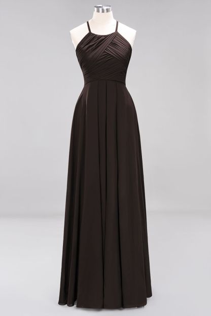 Halter Pleated Bridesmaid Dress Chiffon Sleeveless Floor Length Wedding Guest Dress-newarrivaldress
