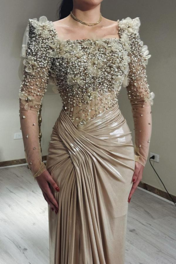 Exquisite Square Neck Pearls Ruched Satin Evening Dresses with Long Sleeves-newarrivaldress