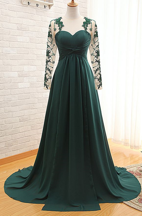 Dark Green Long Sleeve Formal Dresses for Women | Appliques Chiffon Evening Gowns-newarrivaldress
