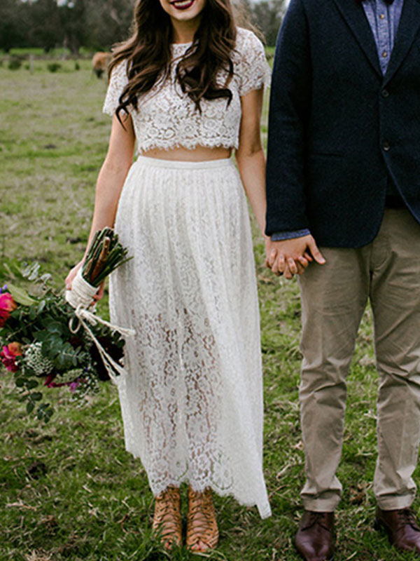 ankle length boho wedding dress Ombreprom Boho Wedding Dress Ivory A Line Two Piece Ankle Length Short Sleeves Lace Wedding Gown