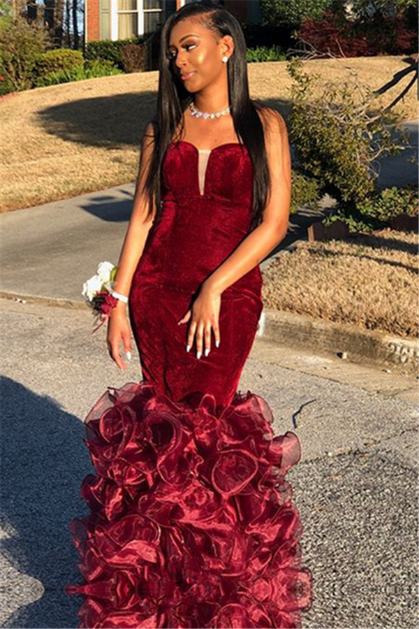 Strapless Mermaid Burgundy Velvet Prom Dresses | Long Ruffles Tulle Formal Dress-newarrivaldress