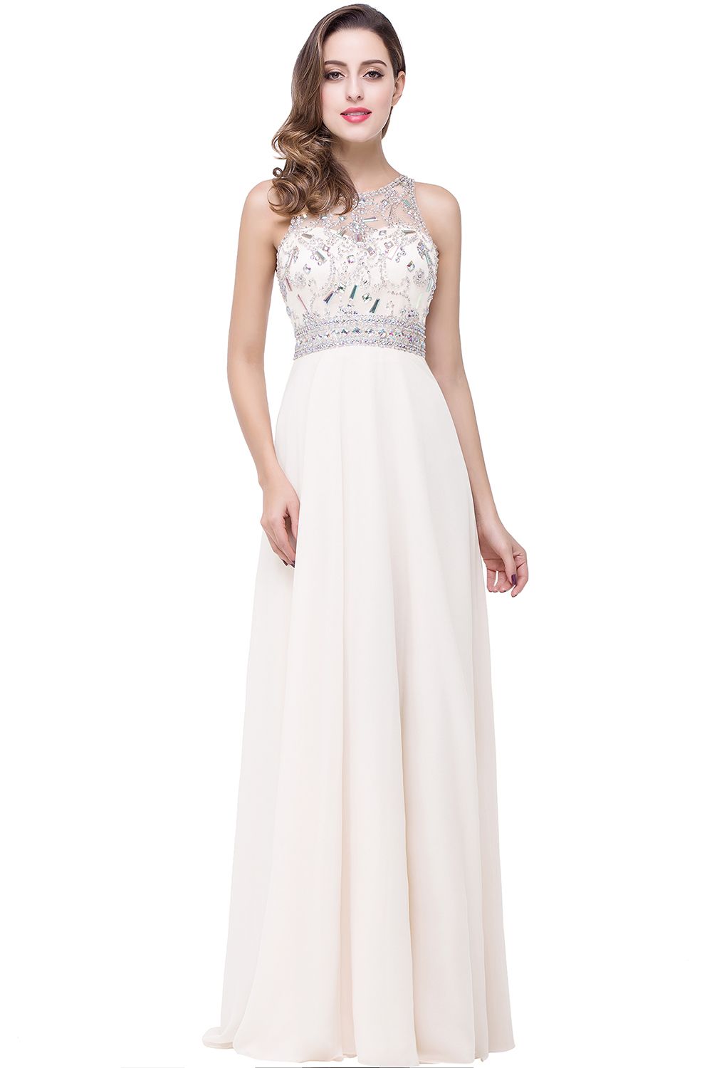 Light-Champagne Sleeveless Crystals Chiffon Long Prom Dresses-newarrivaldress