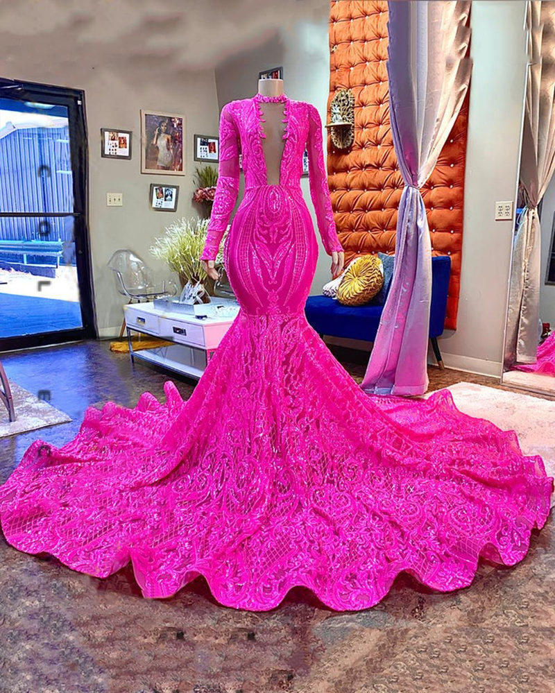 Long Sleeves Deep V-Neck Mermaid Prom Dress Glitter Sequins Fuchsia Party Dress-newarrivaldress