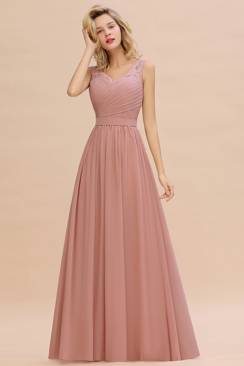 Dusty Pink Chiffon Floral Lace Bridesmaid Dress V-Neck Sleeveless Evening Dress Floor Length-newarrivaldress