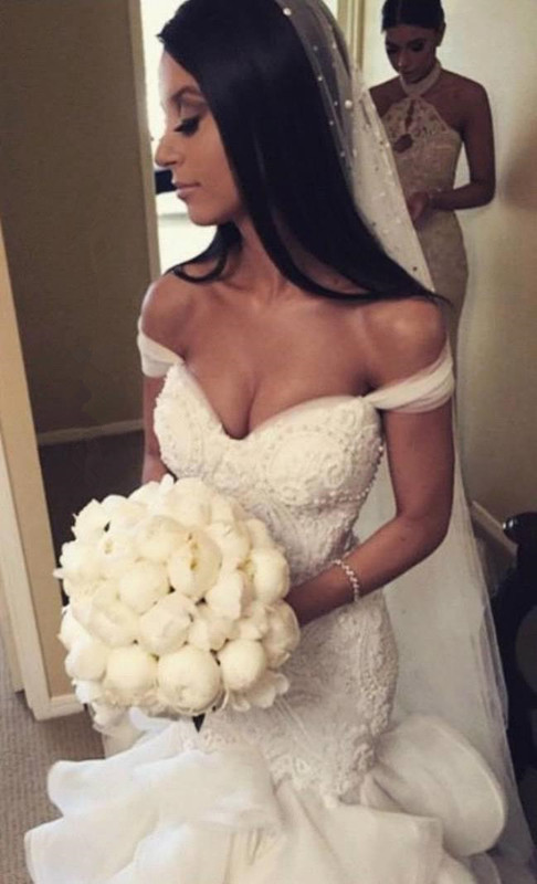 Mermaid Off The Shoulder Sexy Wedding Dresses | Ruffled Tulle Bridal Gowns with Cathedral Train-newarrivaldress