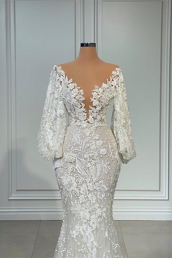 Long Sleeves Lace Appliques V-neck Mermaid Wedding Dress-newarrivaldress