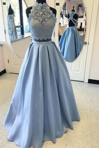 Two Piece Long Prom Dresses with Lace | Open Back Sleeveless Formal Dresses-newarrivaldress