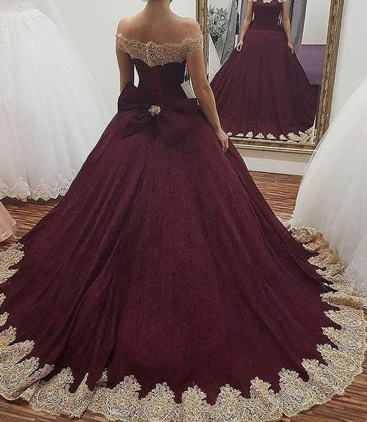 Glamorous Off the Shoulder Bowknot Burgundy Gold Ball Gown Fromal Prom Dresses-newarrivaldress