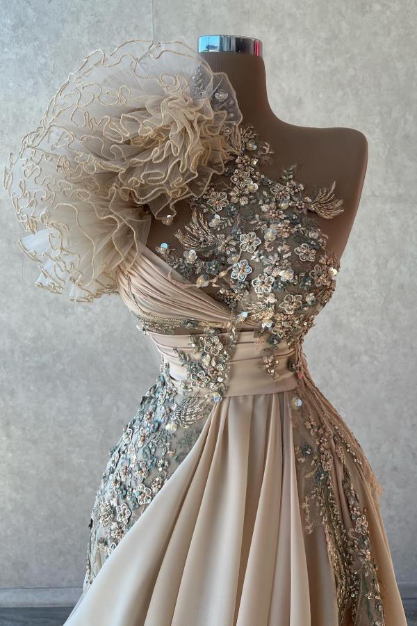 Stunning One Shoulder Flowers Ruched Satin Evening Dress Appliques Aline Party Dress-newarrivaldress