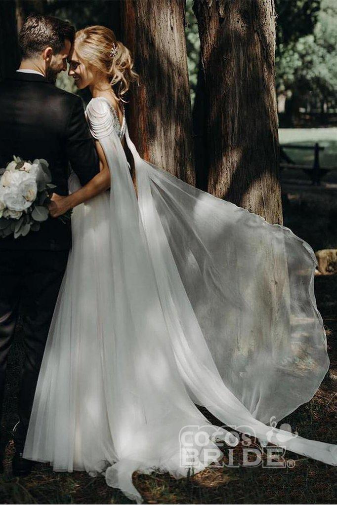 A Line Chiffon Cap Sleeves Boho Beach Wedding Dress Beaded Simple Dress for Bride-newarrivaldress