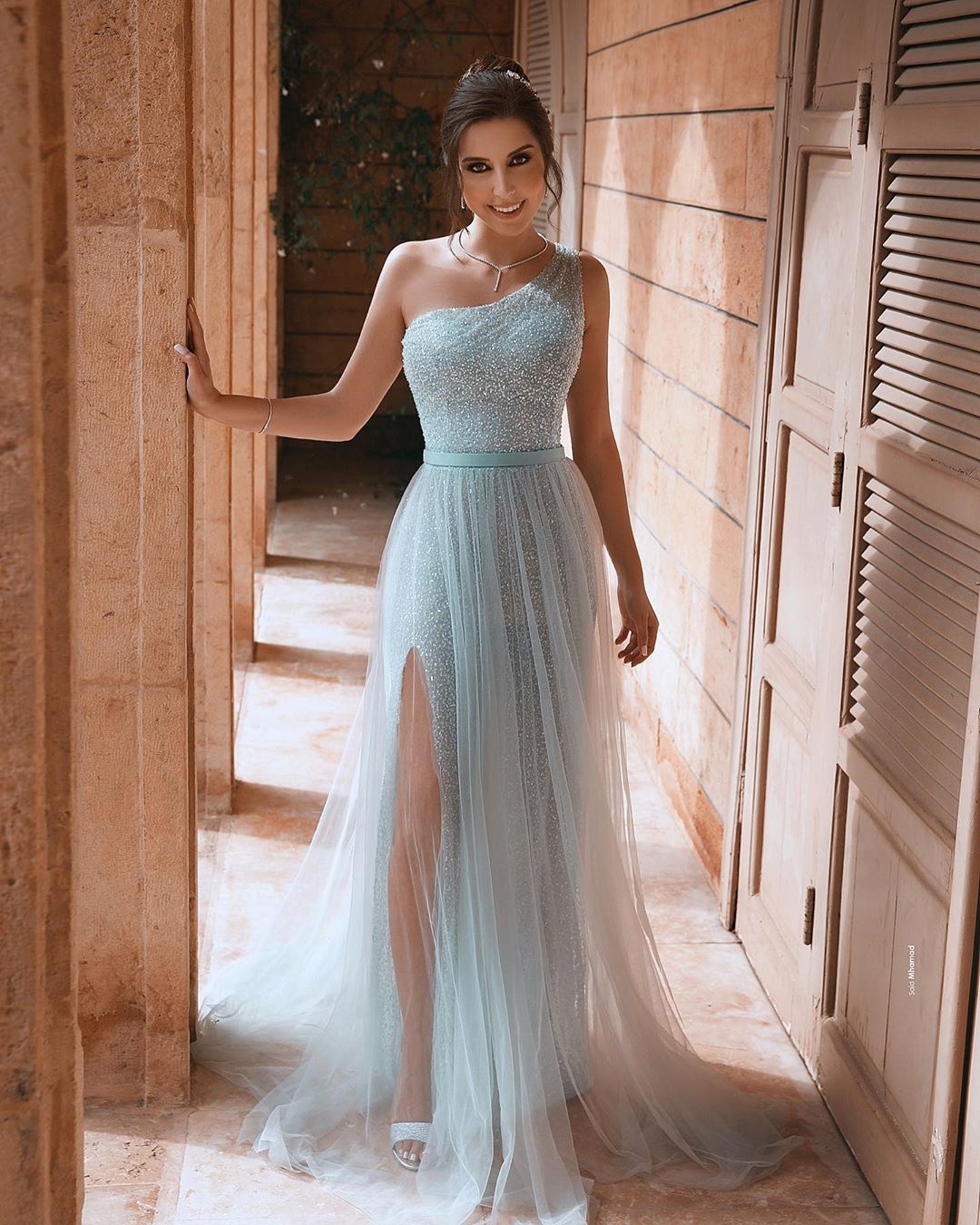One Shoulder Shiny Sequins Belt Prom Dresses | Side Split Tulle Floor Length Evening Gowns-newarrivaldress