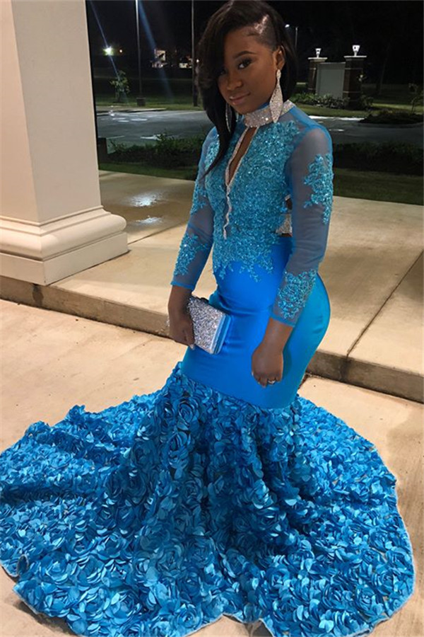 Chic High-Neck Appliques Flower Long-Sleeves Sexy Mermaid Prom Dress-newarrivaldress