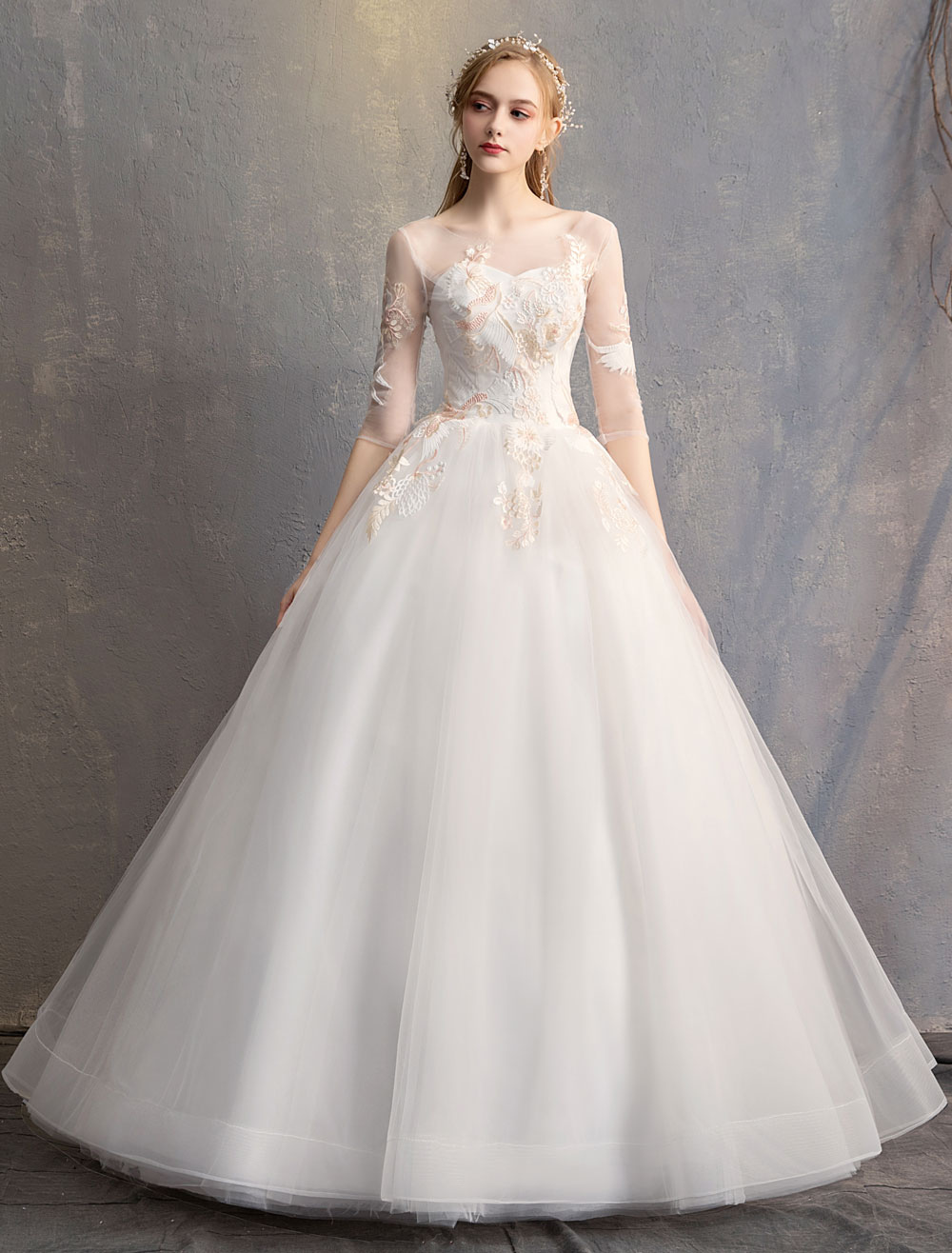 Ball Gown Princess Wedding Dresses Ivory Half Sleeve Backless -newarrivaldress