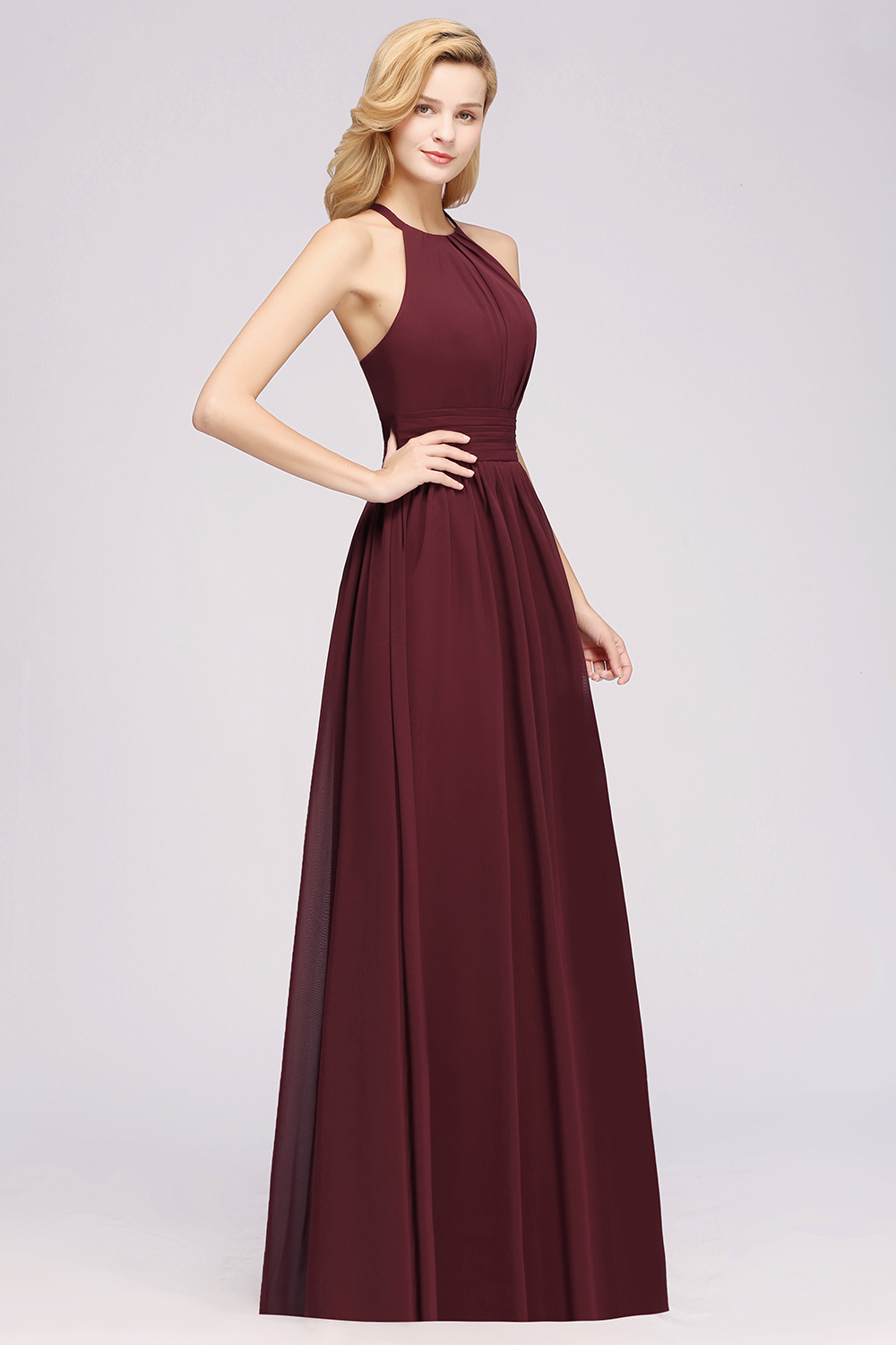 A-line Chiffon Appliques Halter Sleeveless Floor-Length Bridesmaid Dresses with Ruffles-newarrivaldress