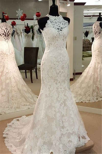 Vintage High Neck Mermaid Lace Wedding Dresses Sleeveless Vintage Bridal Dress BA3705-newarrivaldress