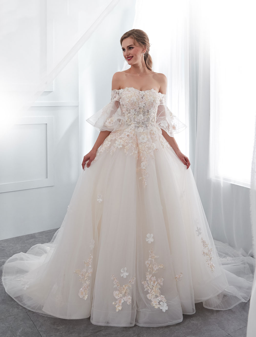 Princess Wedding Dresses Half Sleeve Off Shoulder Lace Flowers Pearls Applique Ivory Bridal Dress With Train-newarrivaldress