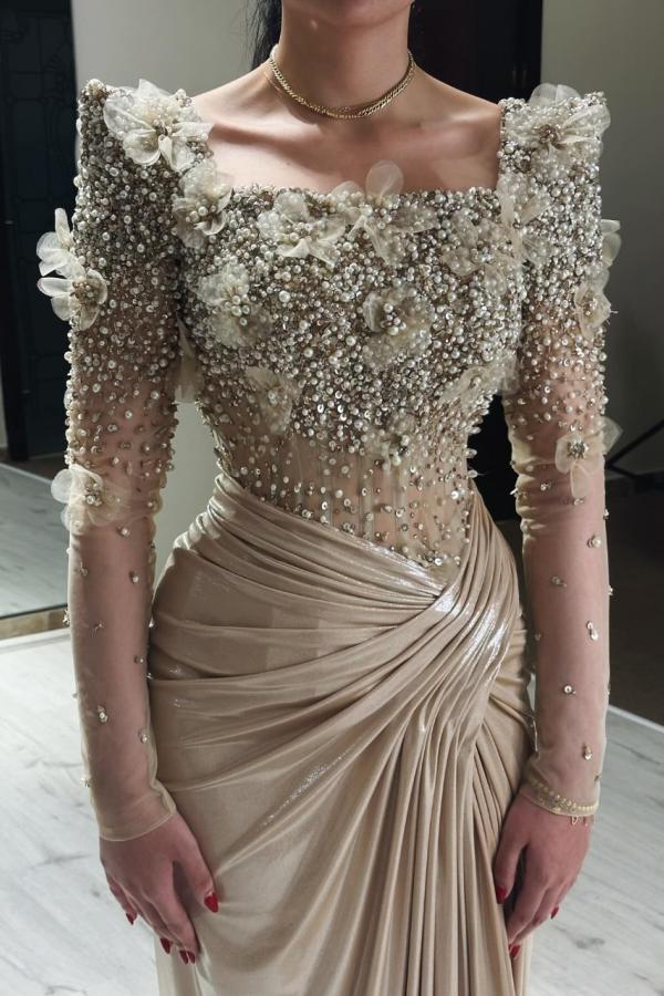 Exquisite Square Neck Pearls Ruched Satin Evening Dresses with Long Sleeves-newarrivaldress