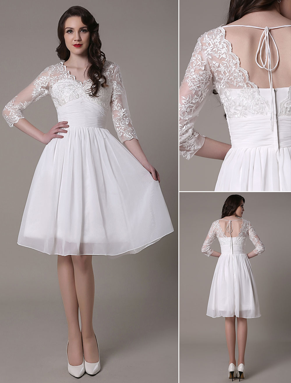 Simple Wedding Dressses Chiffon V Neck Lace A Linepleated Bridal Dress Exclusive-newarrivaldress