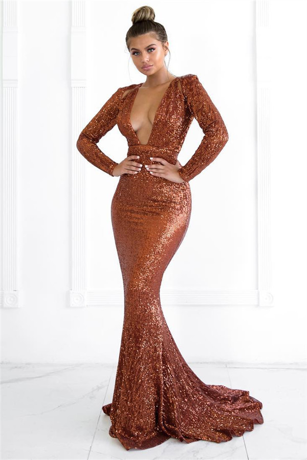 Sexy Deep V-Neck Long Sleeves Mermaid Prom Dress-newarrivaldress