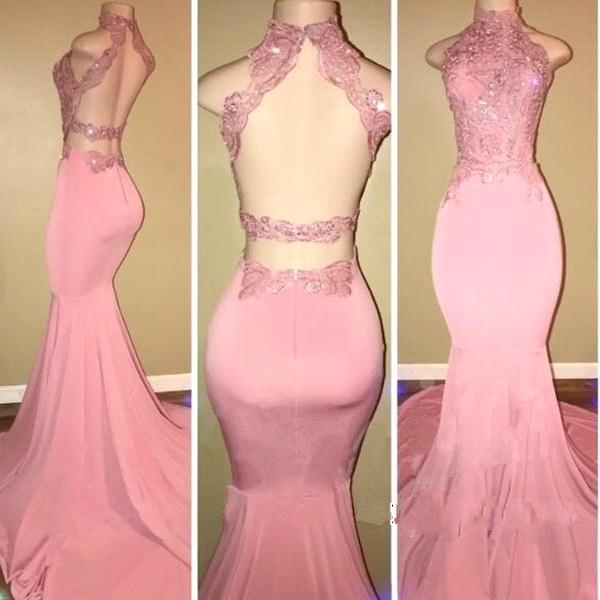 Pink Open Back High Neck Mermaid Long Prom Dresses | Pink Prom Dresses-newarrivaldress