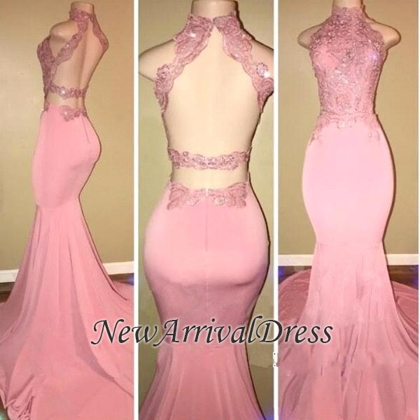 Pink Open Back High Neck Mermaid Long Prom Dresses | Pink Prom Dresses-newarrivaldress