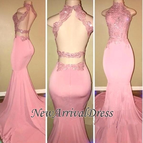Pink Open Back High Neck Mermaid Long Prom Dresses | Pink Prom Dresses-newarrivaldress