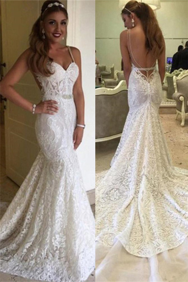 Backless Spaghetti Straps Elegant Mermaid Lace Wedding Dresses Online-newarrivaldress