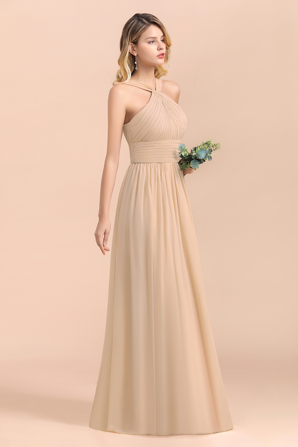 Champagne Ruched Chiffon Long Bridesmaid Dress Halter Wedding Party Dress-newarrivaldress