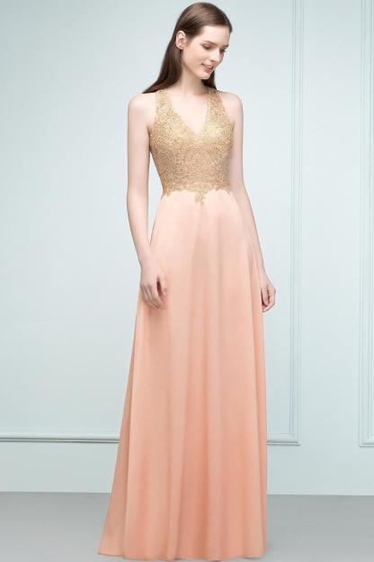 JULIETA | A-line Floor Length V-neck Sleeveless Appliques Chiffon Prom Dresses-newarrivaldress