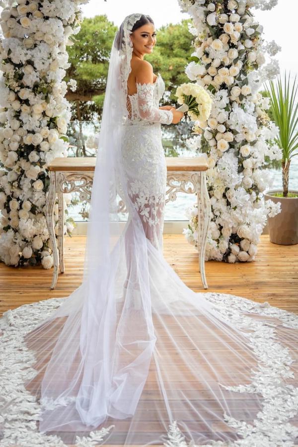 Gorgeous Sweetheart FLoral Lace Sequins Mermaid Bridal Gown with Sleeves Appliques Wedding Dress with Sweep Train-newarrivaldress