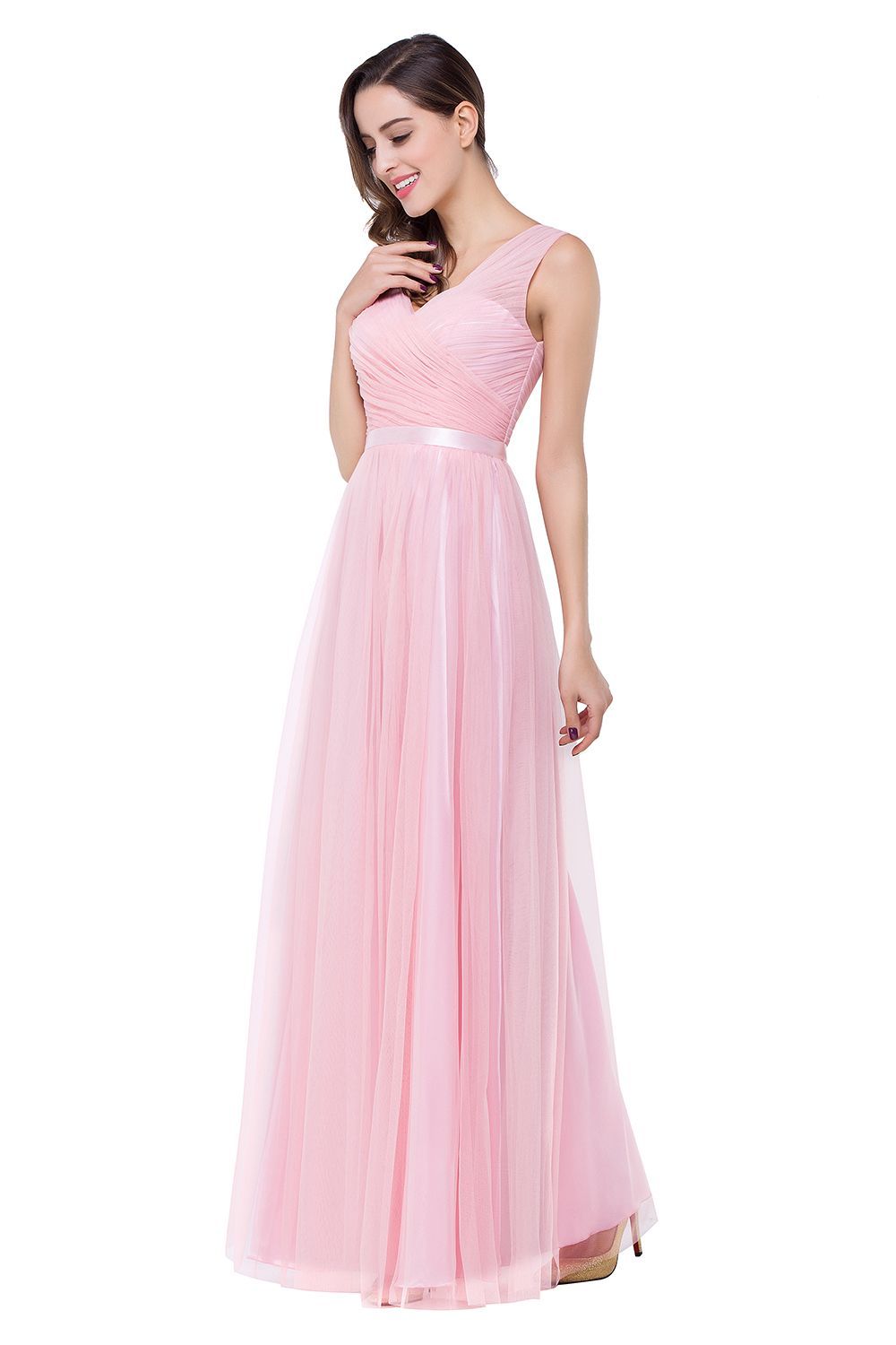 ELLIOT | A-line Sleeveless V-neck Floor-length Tulle Bridesmaid Dresses-newarrivaldress