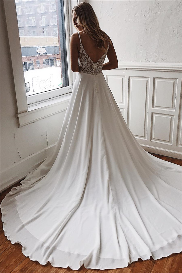 Sexy Simple Spaghetti Straps Satin Bridal Gowns | Open Back Beach Wedding Dresses-newarrivaldress
