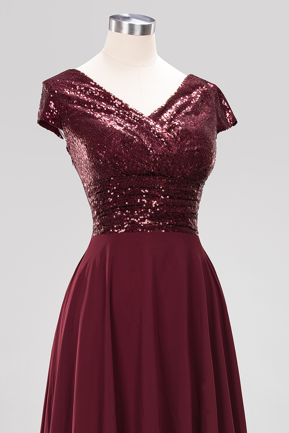Elegant A-Line Burgundy Chiffon Sequined V-Neck Sleeveless Ruffles Floor-Length Bridesmaid Dresses-newarrivaldress