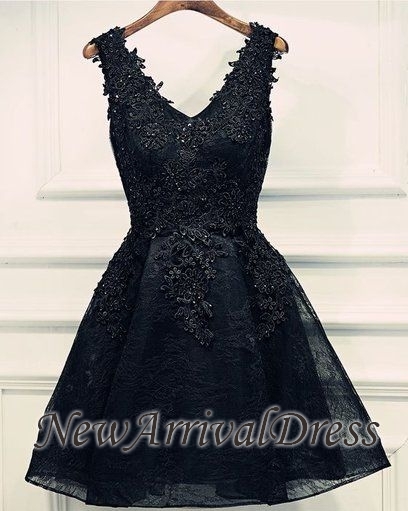 Lace Appliques Beads V-Neck Lace-Up Black Sexy Short Homecoming Dresses BA6904-newarrivaldress