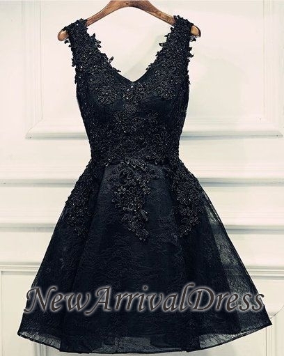 Lace Appliques Beads V-Neck Lace-Up Black Sexy Short Homecoming Dresses BA6904-newarrivaldress