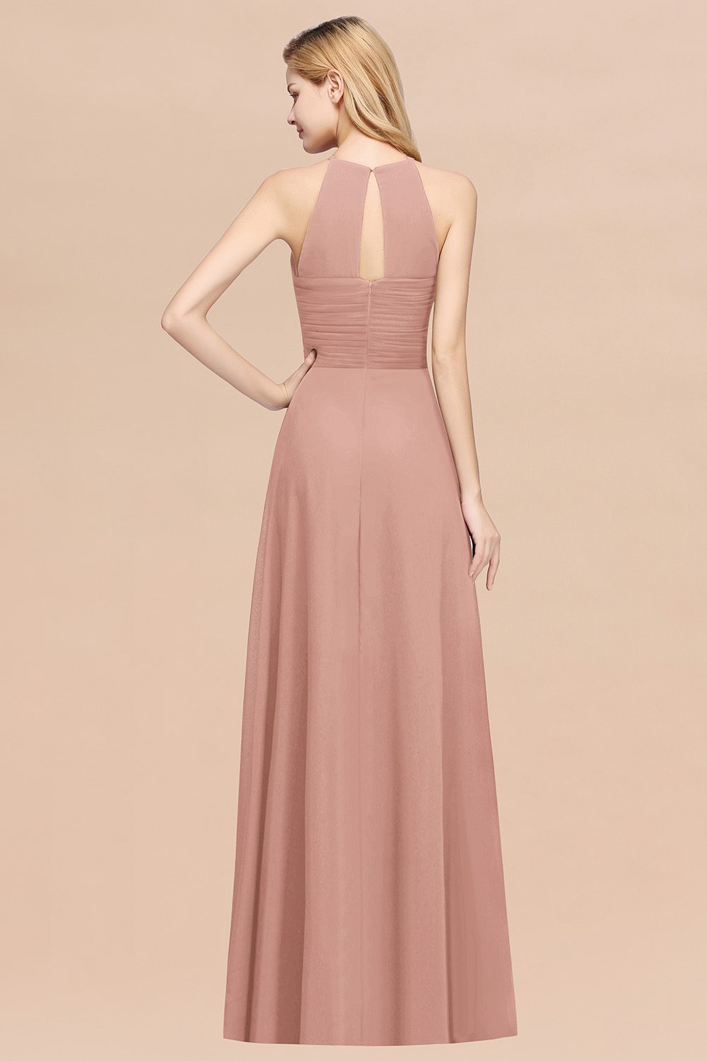 Halter Pleated Bridesmaid Dress Chiffon Sleeveless Floor Length Wedding Guest Dress-newarrivaldress