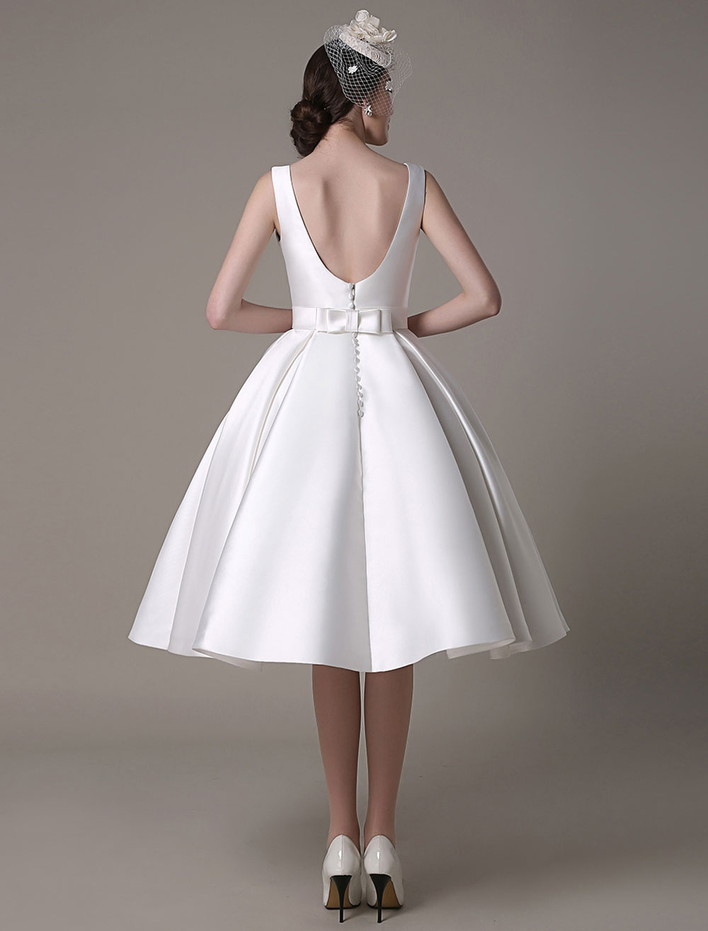 Ivory Wedding Dress Scoop Backless Knee Length Satin Wedding Gown Exclusive-newarrivaldress