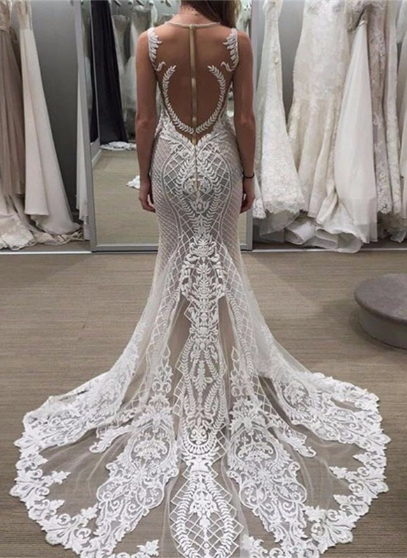 Lace Illusion Detachable Train Delicate Custom Made Sleeveless Wedding Dresses Online-newarrivaldress