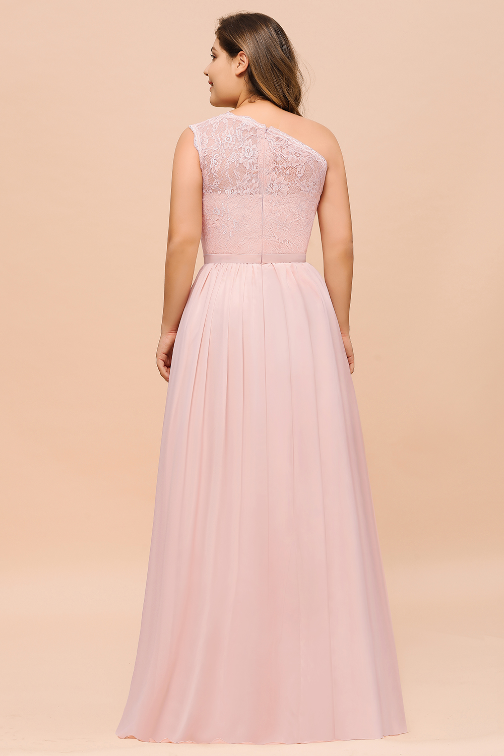 Plus Size One Shoulder Lace Chiffon Bridesmaid Dress Pink Long Wedding Guest Dress-newarrivaldress