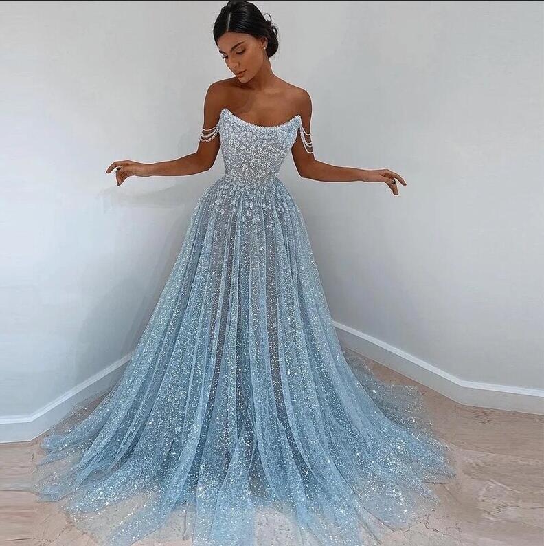 Beautiful Long A-line Sweetheart Sequined Prom Dress Off Shoulder Sky Blue Long Evening Dress-newarrivaldress