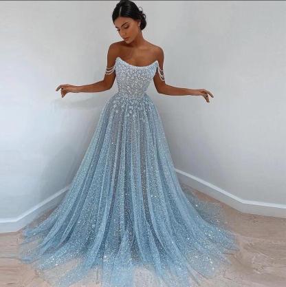 Beautiful Long A-line Sweetheart Sequined Prom Dress Off Shoulder Sky Blue Long Evening Dress-newarrivaldress