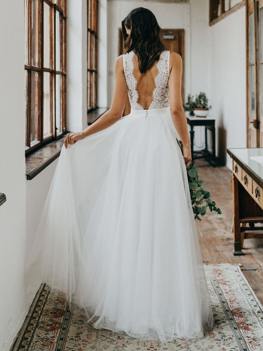 Simple Wedding Dress Tulle A Line V Neck Sleeveless Lace Floor Length Bridal Dresses-newarrivaldress